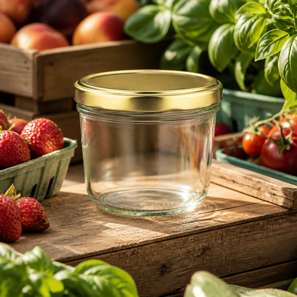 230ml Sturzglas mit goldenem BasicSeal Deckel auf rustikalem Holzbrett umgeben von frischen Erdbeeren und Tomaten