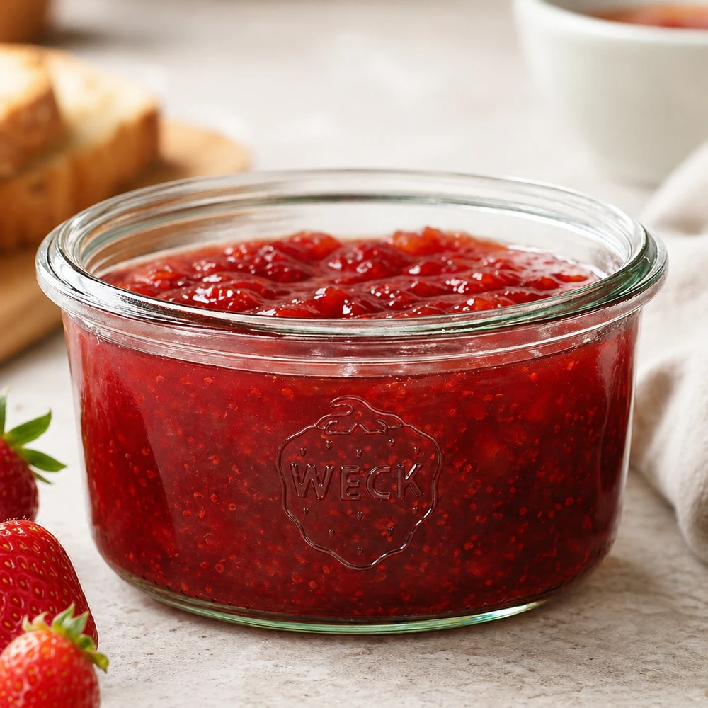 165ml Sturzglas WECK RR80 165ml WECK Sturzglas RR80 mit roter Erdbeermarmelade gefüllt auf weißem Holztisch neben frischen Erdbeeren und Brot