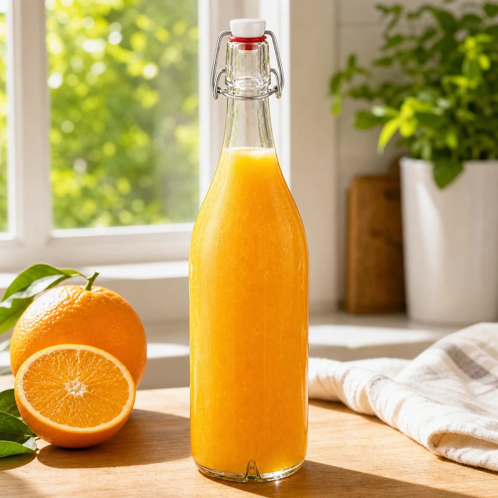 1000ml Glasflasche und Bügelverschluss PVC UNiTWIST 1000ml Glasflasche Bügelverschluss PVC mit frischem Orangensaft gefüllt neben Orange auf Holzbrett Fensterbank