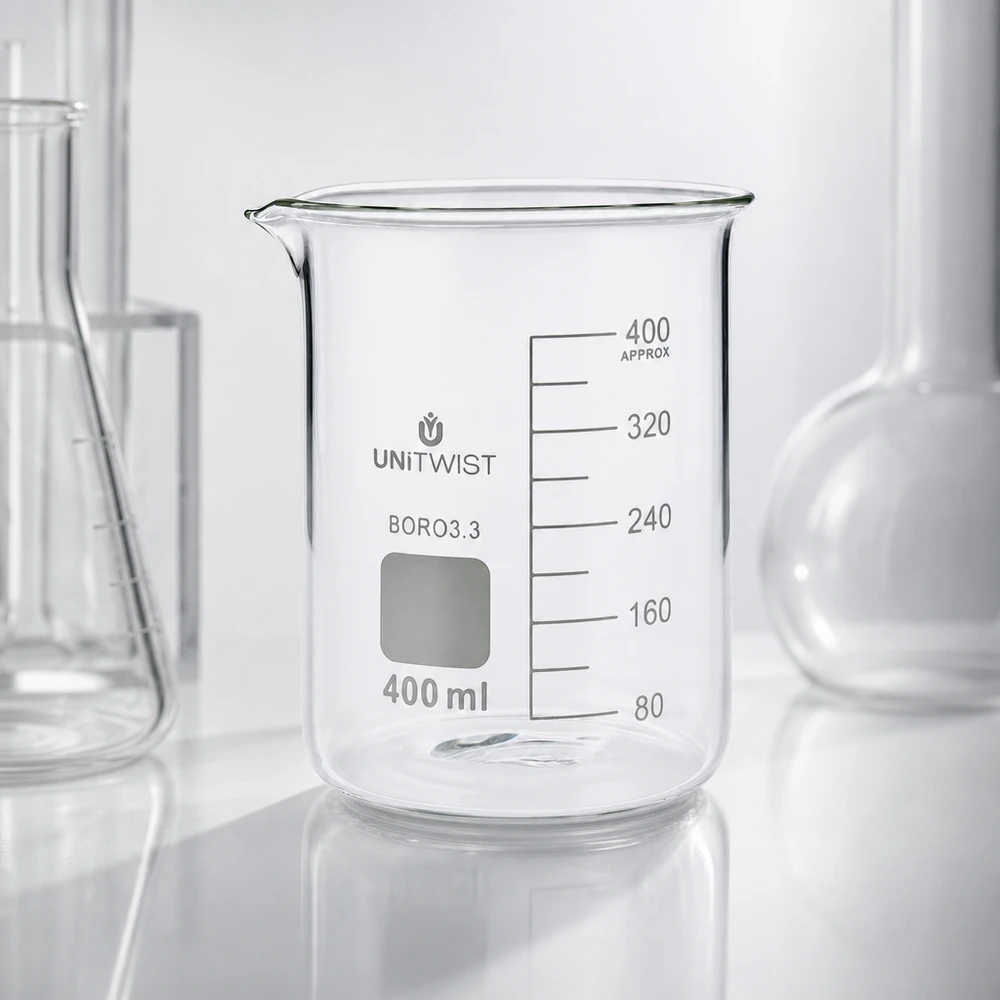 Becherglas 400ml Borosilikat, niedrige Form UNiTWIST Chemielabor Becherglas 400ml UNiTWIST BORO3.3 mit zylindrischer Form und stabilem Boden