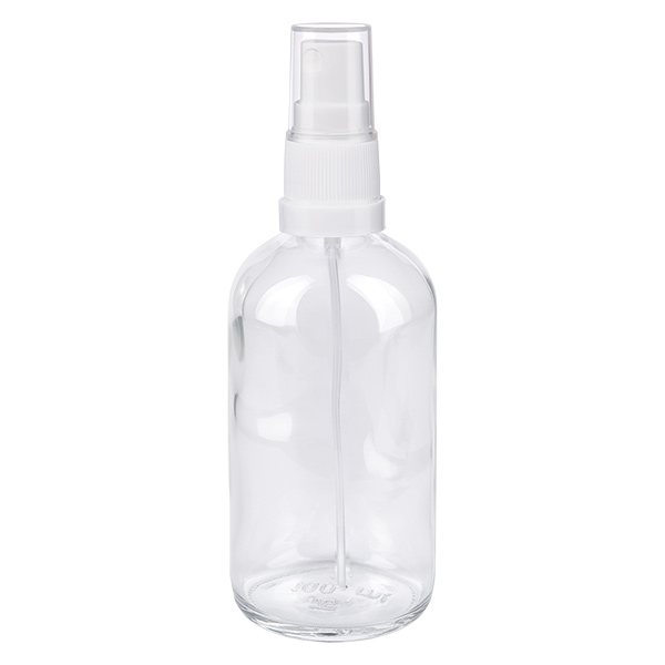 100ml Sprayflasche weiß/transparent Standardverschluss ClearLine UT18/100 Klarglas Sprühflasche 100ml mit weißem Aufsatz UT18 für Flüssigkeiten