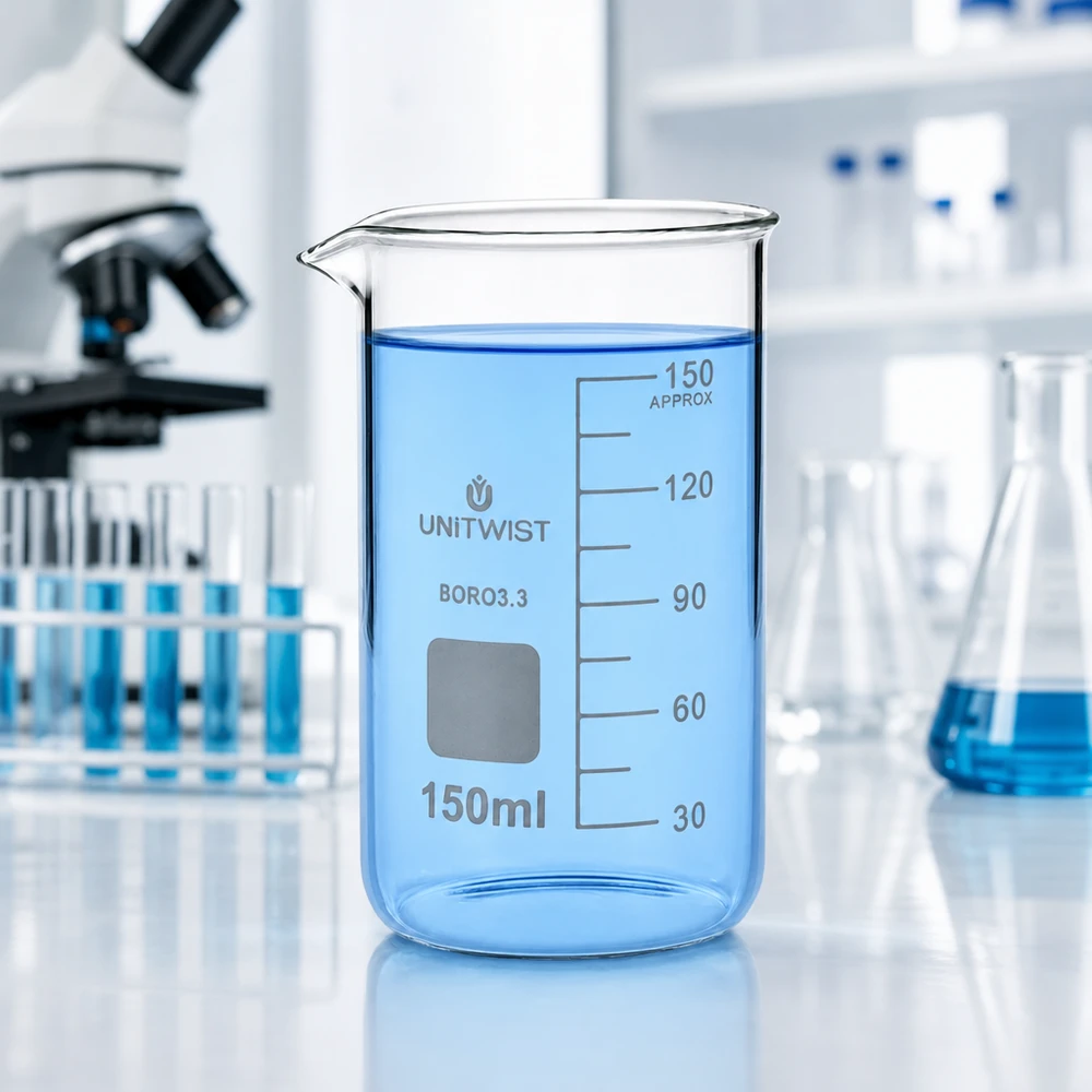 UNITWIST Becherglas 150ml hohe Form Borosilikat mit Skala neben Mikroskop und Reagenzgläsern