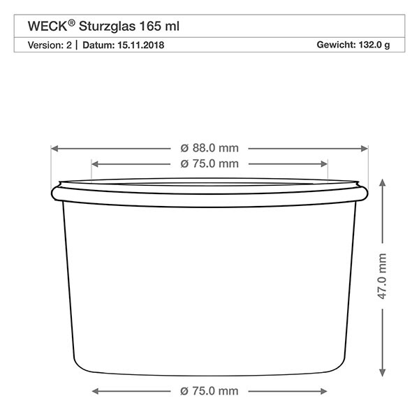 165ml Sturzglas WECK RR80 mit Korken natur WECK Sturzglas 165ml RR80 technische Zeichnung Maße Abmessungen 88mm Durchmesser 47mm Höhe Produktspezifikation