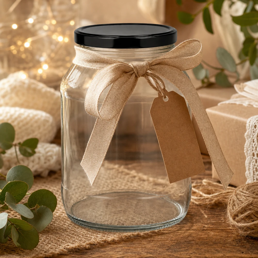 2650ml Rundglas mit BasicSeal Deckel schwarz UNiTWIST Großes 2650ml Rundglas mit schwarzem Deckel als Geschenk dekoriert mit beiger Schleife und Anhänger in rustikaler Atmosp
