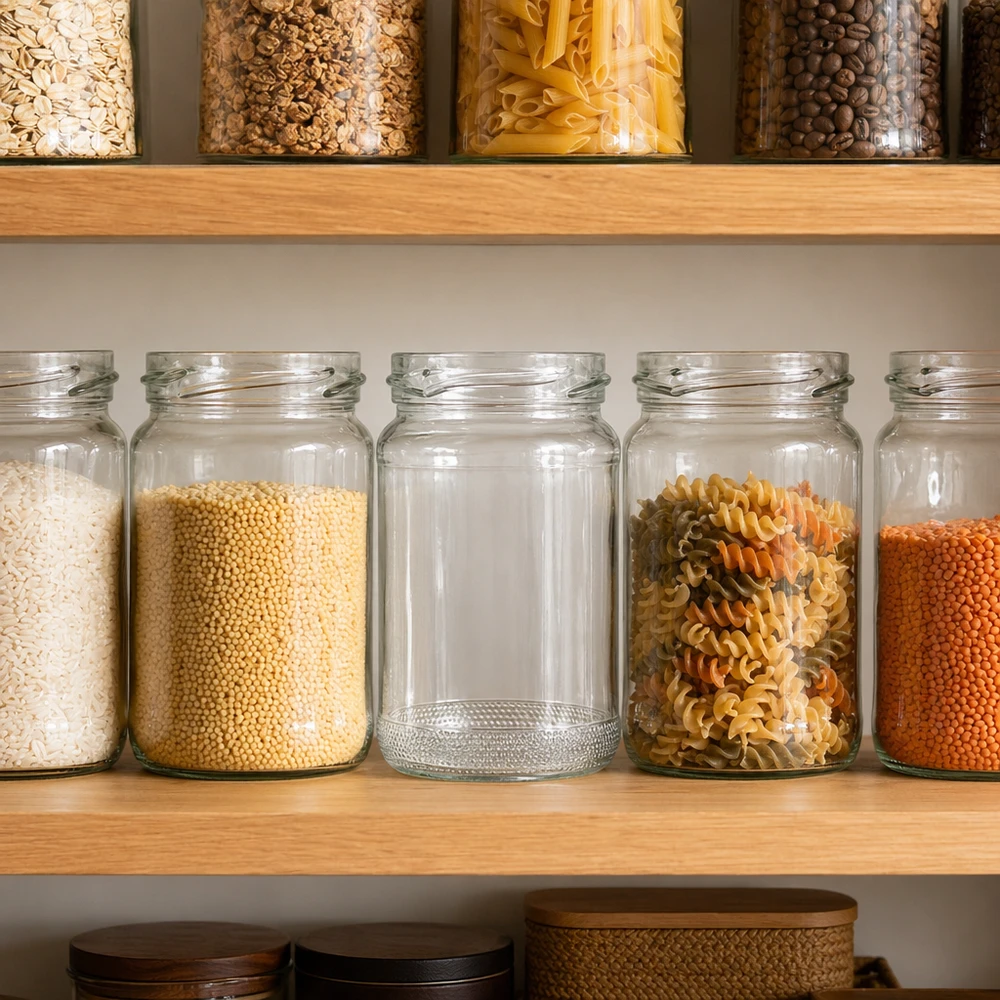 110ml Rundglas ohne Deckel (TO48) UNiTWIST Leere Rundglas Einmachgläser 110ml in organisierter Küchenpantry neben gefüllten Vorratsgläsern mit Getreide