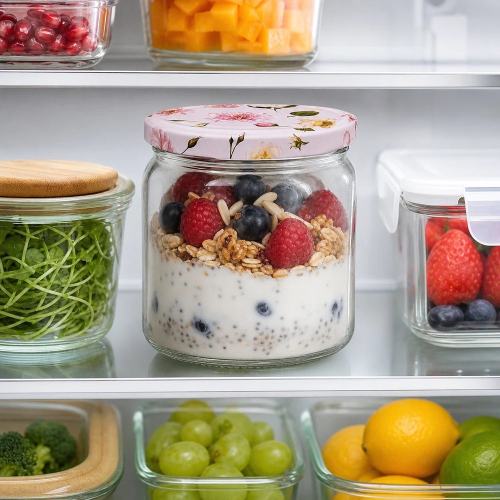 408ml Rundglas rosa Blumendeckel BasicSeal mit Overnight Oats Beeren im Kühlschrank Meal Prep Frischhalteglas