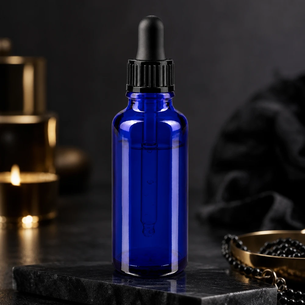 Kleine blaue Glasflasche mit Dosierpipette schwarz auf Naturstein mit goldenen Dekoakzenten