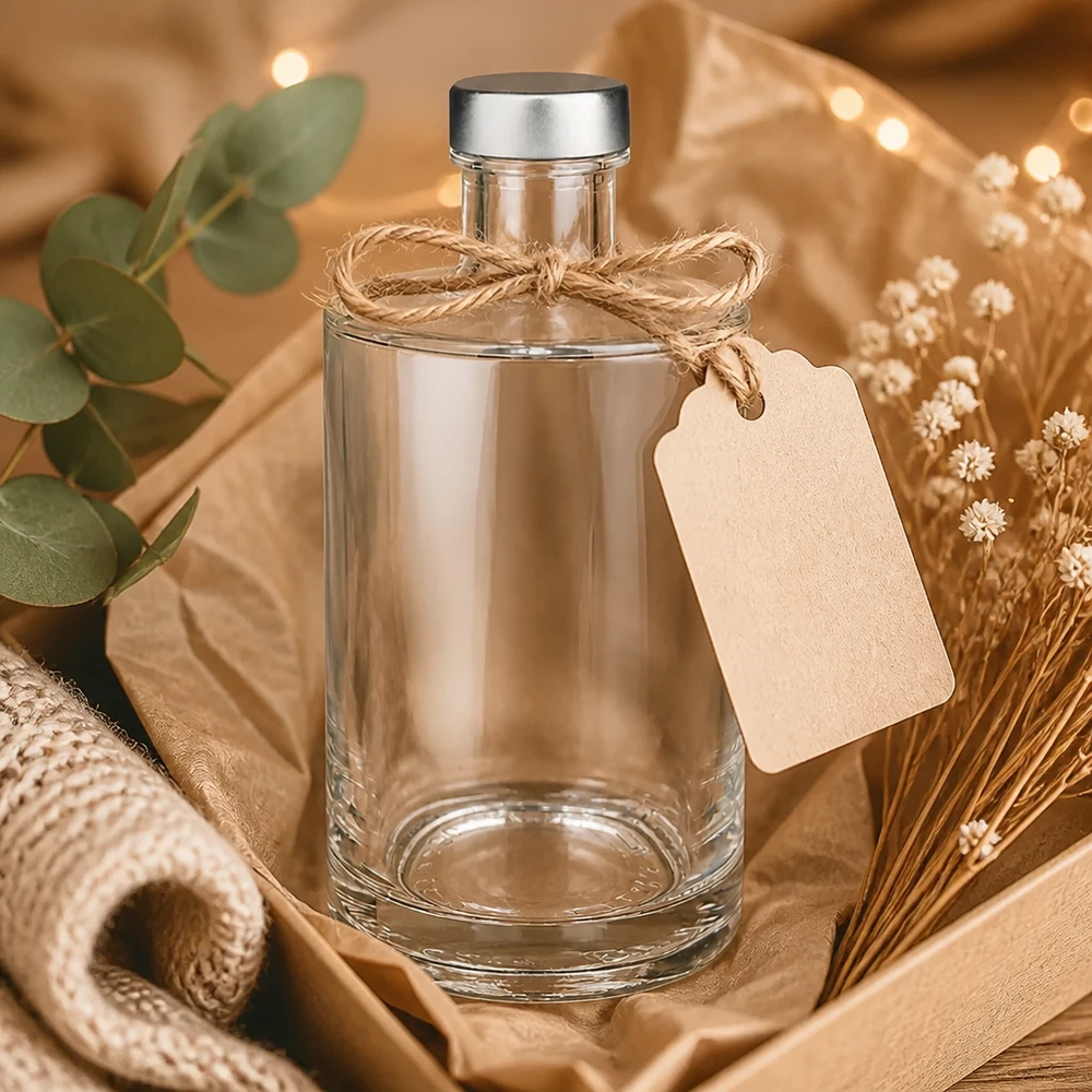 375ml Glasflasche Sam dekorativ inszeniert mit Bastschleife und Geschenkanhänger in gemütlichem Wohnambiente
