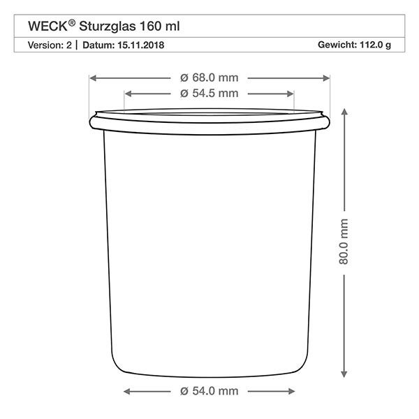 160ml Sturzglas WECK RR60 mit Korken natur WECK Sturzglas 160ml RR60 technische Zeichnung mit Maßangaben Durchmesser 68mm Höhe 80mm Gewicht 112g
