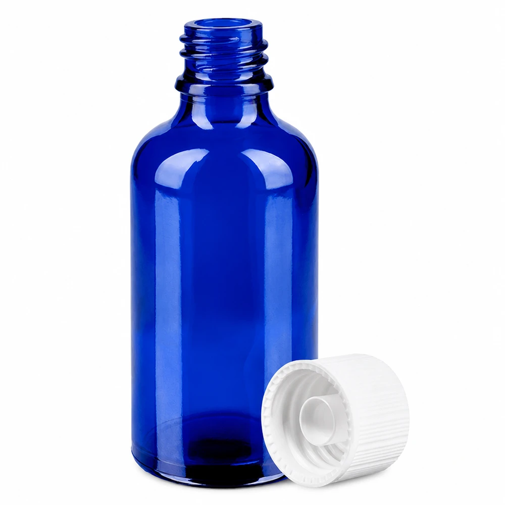 Handliche 50ml Flasche in Blau mit weissem Deckel perfekt für DIY-Kosmetik und Seren