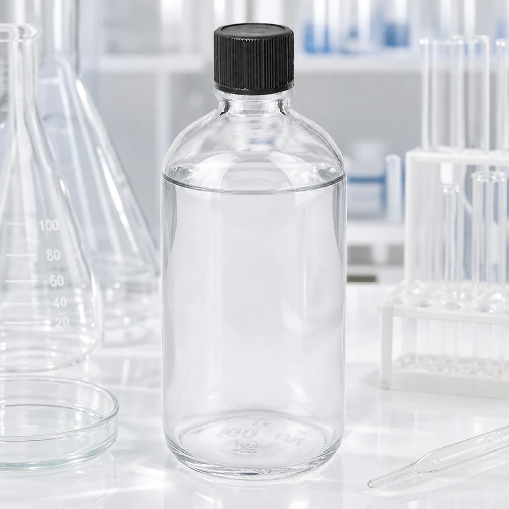 100ml Tropfflasche 1mm schwarz Standardverschluss ClearLine UT18/100 ClearLine UT18 Tropfflasche 100ml schwarzer Standardverschluss umgeben von Erlenmeyerkolben und Petrischalen