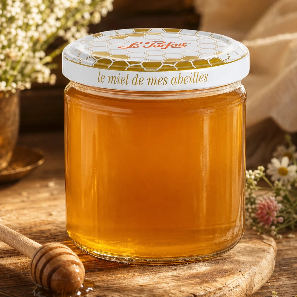 212ml Vorratsglas "Honey" mit Schraubdeckel Le Parfait® Le Parfait Honey Vorratsglas 212ml mit goldenem Honig gefüllt auf Holzbrett mit Honiglöffel und Blumen