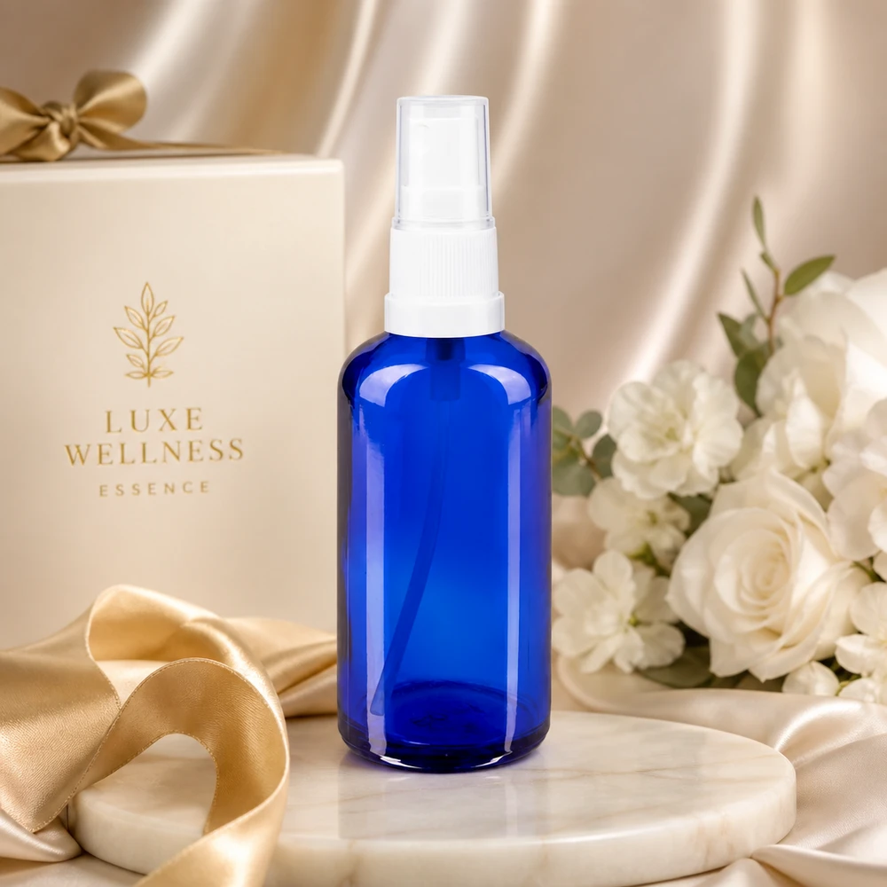 Apothekenflasche blau 50ml Sprayaufsatz weiß UV-Schutz Blauglasflasche 50ml mit feinem Sprühnebel-Zerstäuber für Kosmetik und Pharmazie