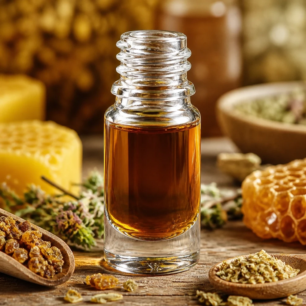 5ml ApoGlas Apothekenflasche gefüllt mit goldener Essenz zwischen traditionellen Apotheker-Utensilien