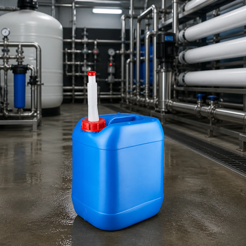 Robuster Vierkanttank 20 Liter blau mit weißem Flex-Auslaufrohr für Chemikalien