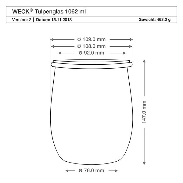1062ml Tulpenglas WECK RR100 mit Korken natur WECK Tulpenglas RR100 1062ml technische Zeichnung mit Maßangaben Durchmesser Höhe 147mm Gewicht 463g Spezifikation