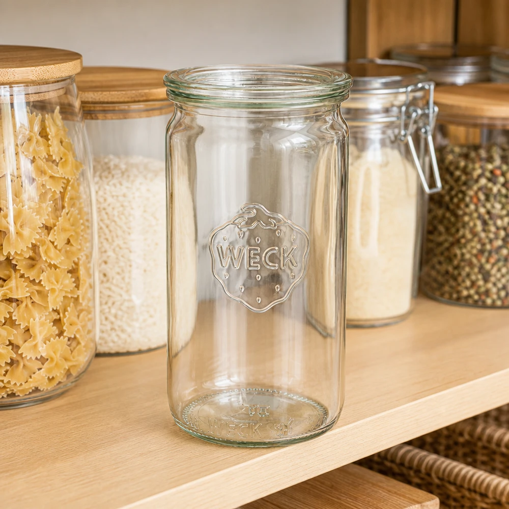 340ml Zylinderglas mit Glasdeckel WECK RR60 WECK Zylinderglas 340ml RR60 leer in Vorratsregal neben gefüllten Gläsern mit Pasta und Gewürzen Küchenorganisation