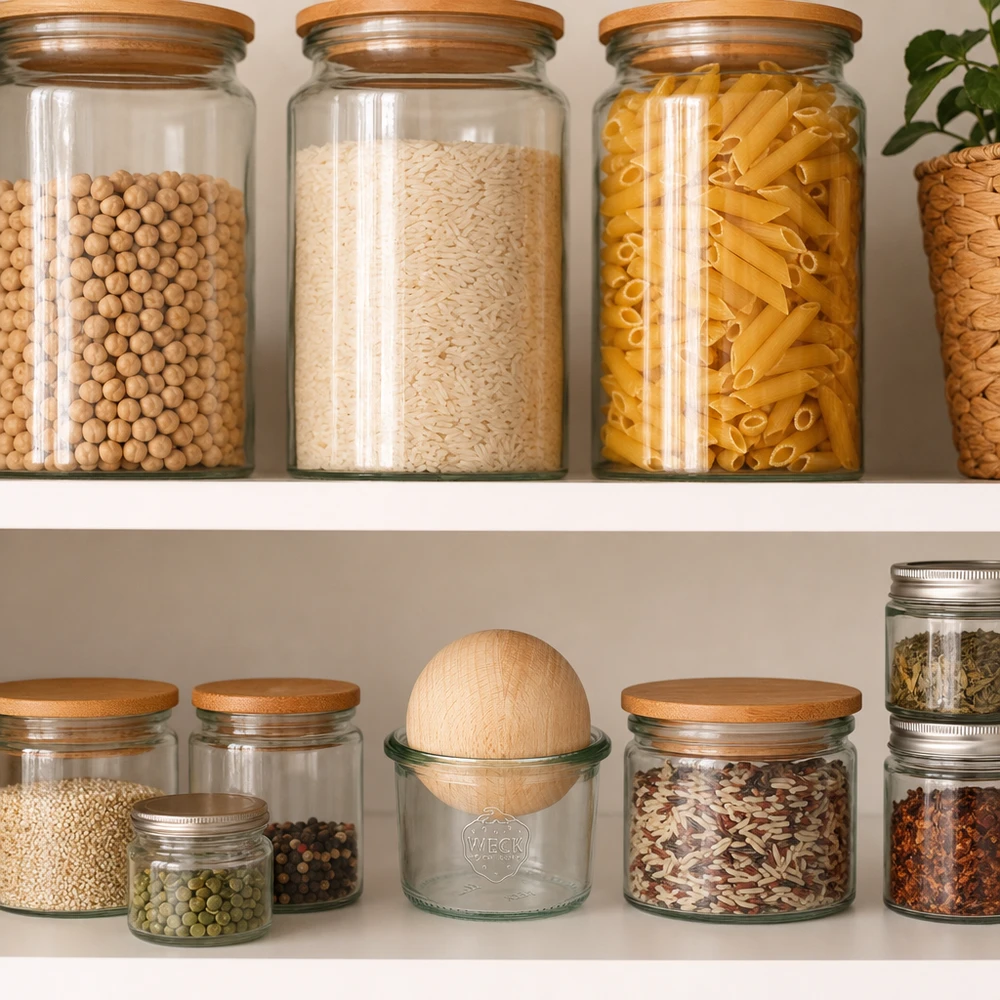 WECK Sturzglas 80ml RR60 mit Holzkugel in organisierter Vorratskammer zwischen Pasta, Reis und Gewürzen