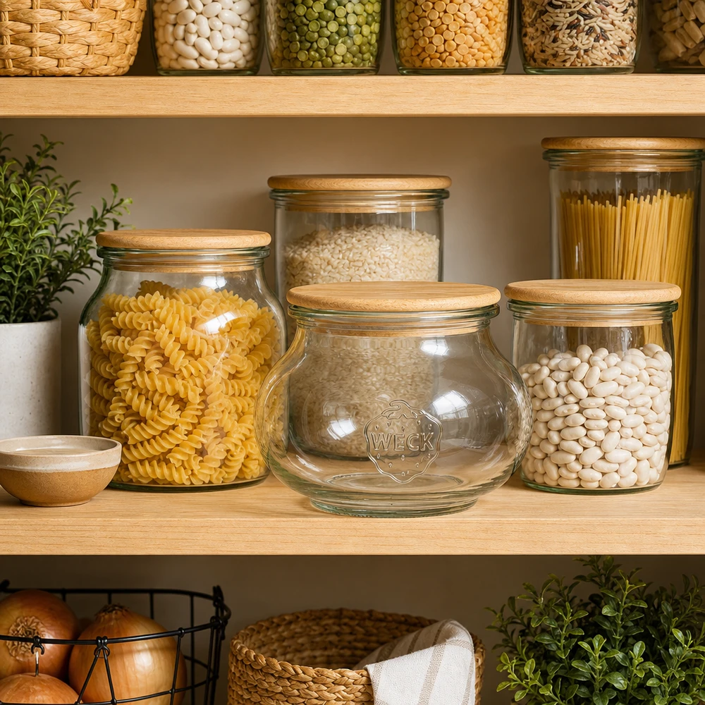 560ml Schmuckglas WECK RR80 mit Holzdeckel WECK Glas 560ml RR80 mit Eichendeckel in organisierter Pantry neben Nudeln und Bohnen auf Holzregal
