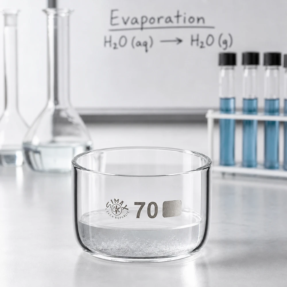 100ml Kristallisierschale ohne Ausguss Borosilikat ø70mm Kristallisierschale 100ml bei Evaporationsexperiment mit ausfallendem Feststoff im professionellen Labor