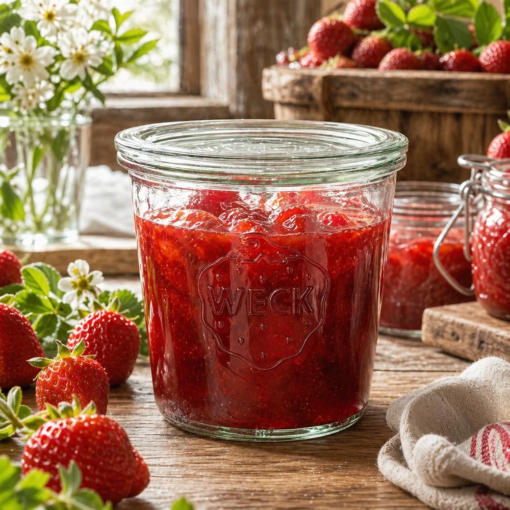 WECK Einmachglas 580ml mit Erdbeermarmelade gefüllt in rustikaler Küche mit frischen Erdbeeren und Blumen