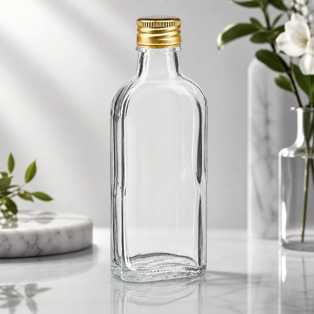 100 ml Meplat klar mit Alu Verschluss gold PP22 Hochwertige 100ml Glasflasche flach klar mit goldenem Aluminiumverschluss PP22 leer unbefüllt
