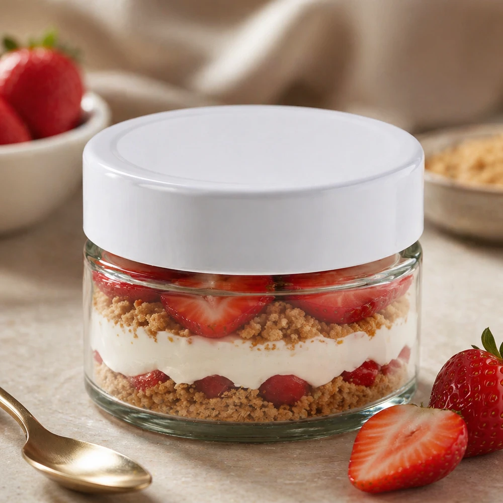 130ml Rundglas BasicSeal weiß befüllt mit Erdbeer-Dessert Schichtdessert - Glasdose für süße Nachspeisen