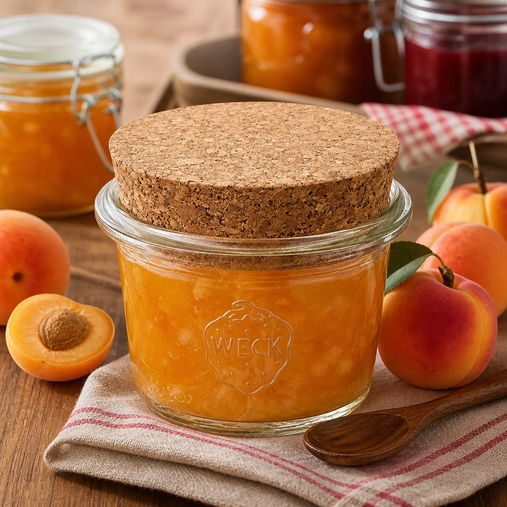 35ml Sturzglas WECK RR40 mit Korken natur WECK Sturzglas 35ml RR40 Korkverschluss gefüllt mit Aprikosenmarmelade neben frischen Aprikosen auf Holztisch