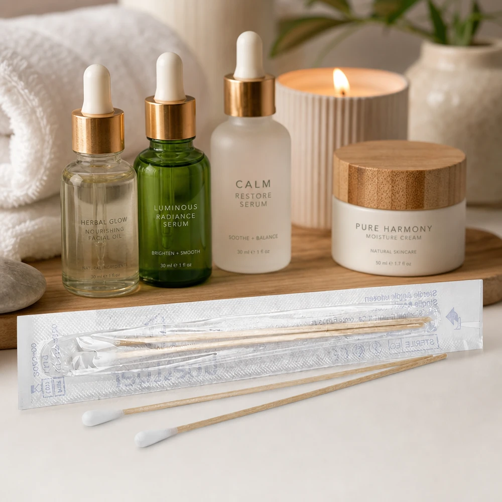 Medizinische Wattestäbchen 2er Set steril verpackt auf weißer Oberfläche mit Beauty-Produkten
