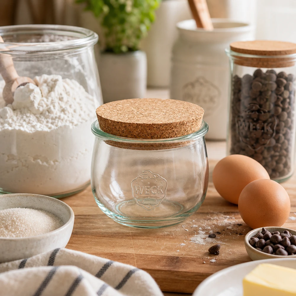 WECK Tulpenglas 580ml RR100 mit Korkdeckel auf Holzbrett umgeben von Backzutaten Mehl Eiern und Gewürzen Küchendeko