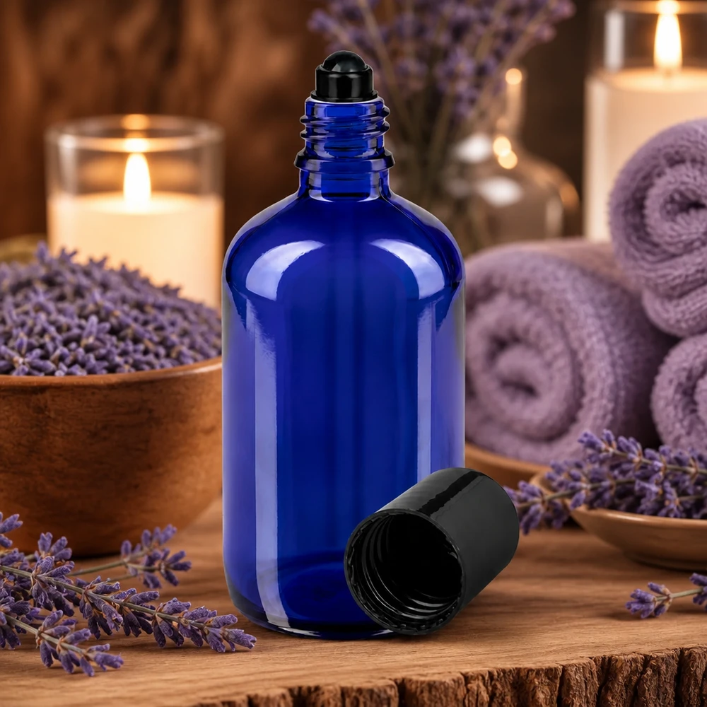 Apothekenflasche blau 100ml Roll-On Verschluss schwarz Kobaltblaue 100ml Glasflasche mit schwarzem Rollaufsatz in entspannter Wellness-Umgebung