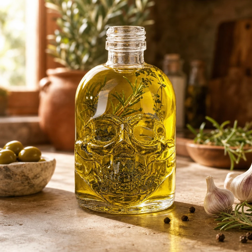 50ml Totenkopf Glasflasche Hector mit Kräuteröl befüllt mediterrane Küche Olivenöl Dekoration UNiTWIST