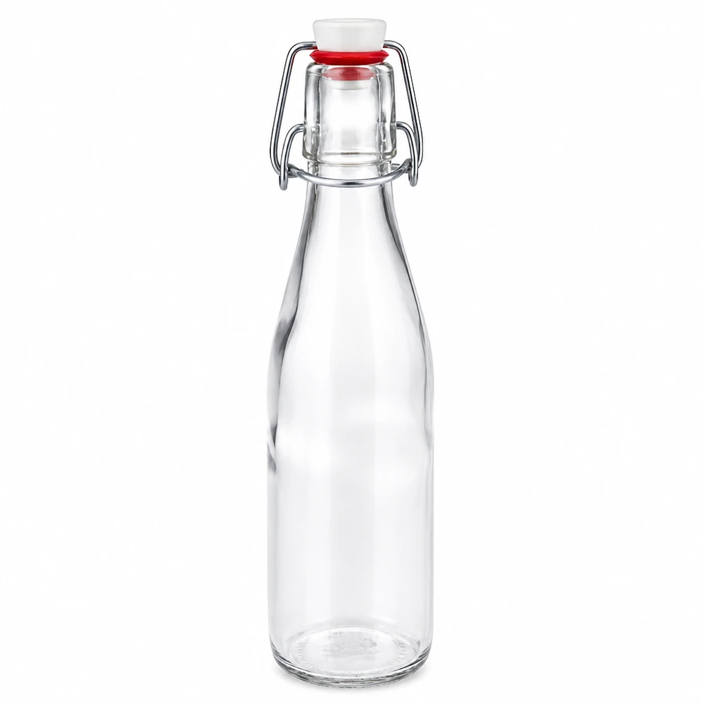 250ml Glasflasche mit Bügelverschluss und weißem Porzellanverschluss, leere transparente Flasche für Getränke