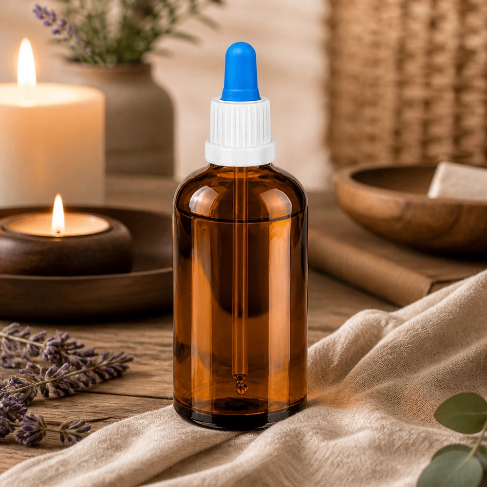 100ml Pipettenflasche weiß/blau Originalitätsverschluss BrownLine UT18/100 Robuste Glasflasche 100ml mit Pipettenverschluss ideal für die sterile Aufbewahrung von Extrakten