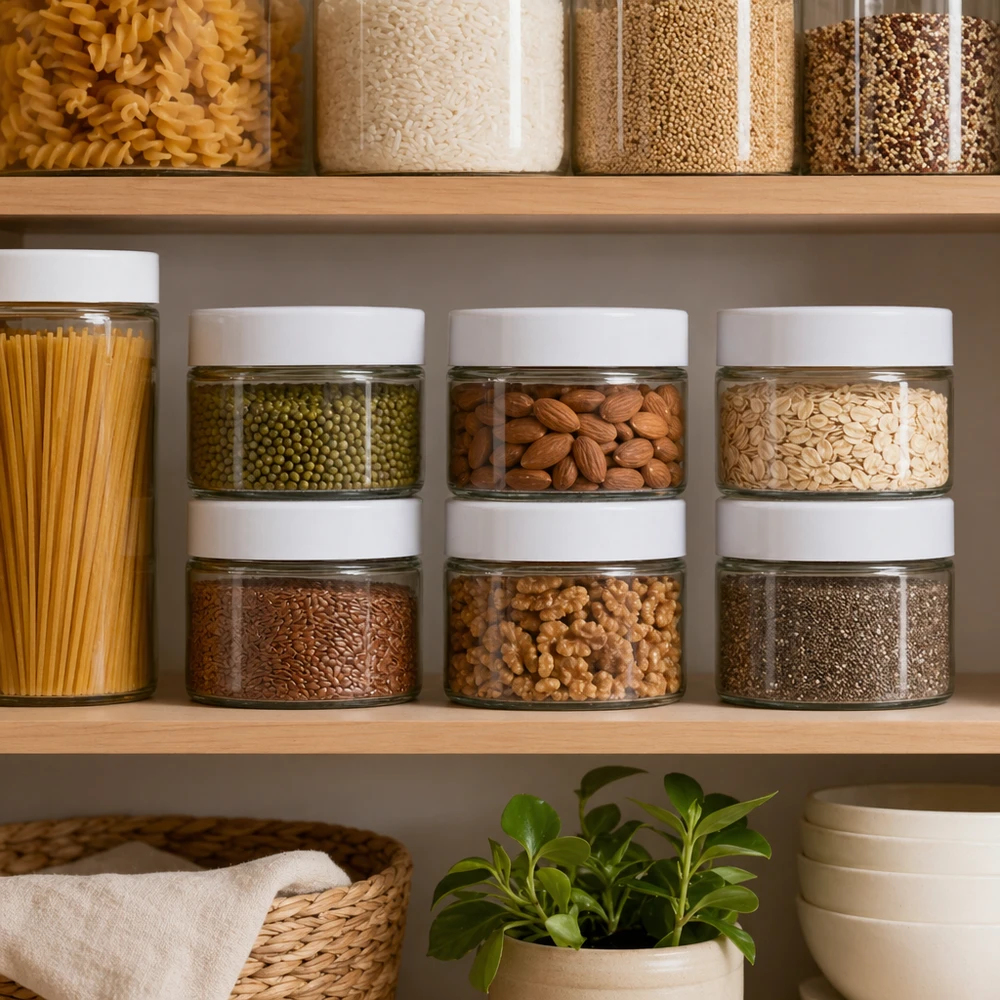 130ml Rundglas + BasicSeal Deckel weiß UNiTWIST 130ml Rundglas mit BasicSeal Deckel in organisierter Vorratsschrank-Atmosphäre - perfekt für Küchenorganisation