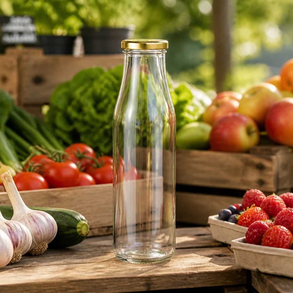 500ml Glasflasche leer BasicSeal Deckel gold zwischen frischem Obst Gemüse auf Holztisch Marktstand Ambiente