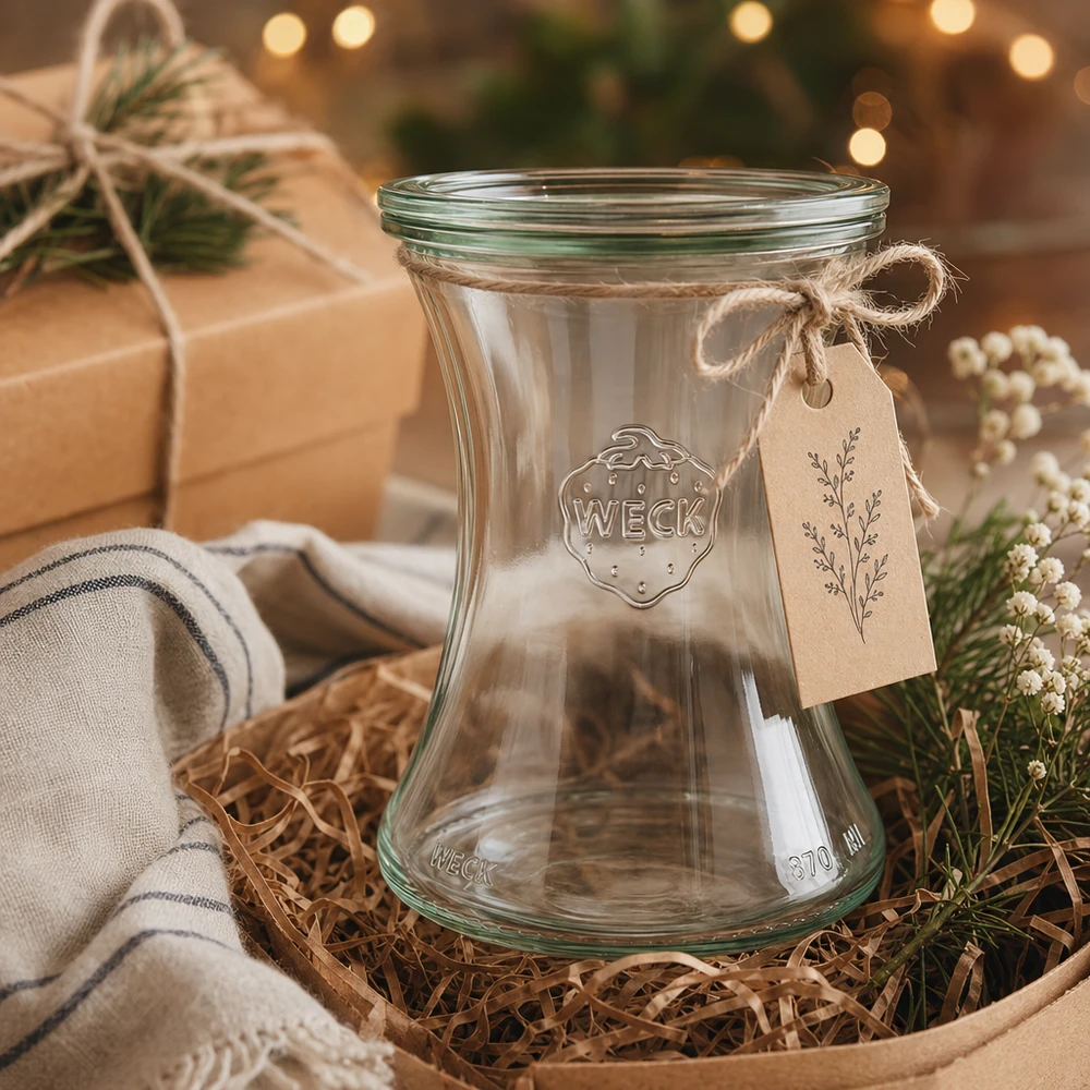 WECK Delikatessenglas 370ml RR80 als Geschenk mit Kraftpapier-Anhänger in rustikaler Weihnachtsdeko