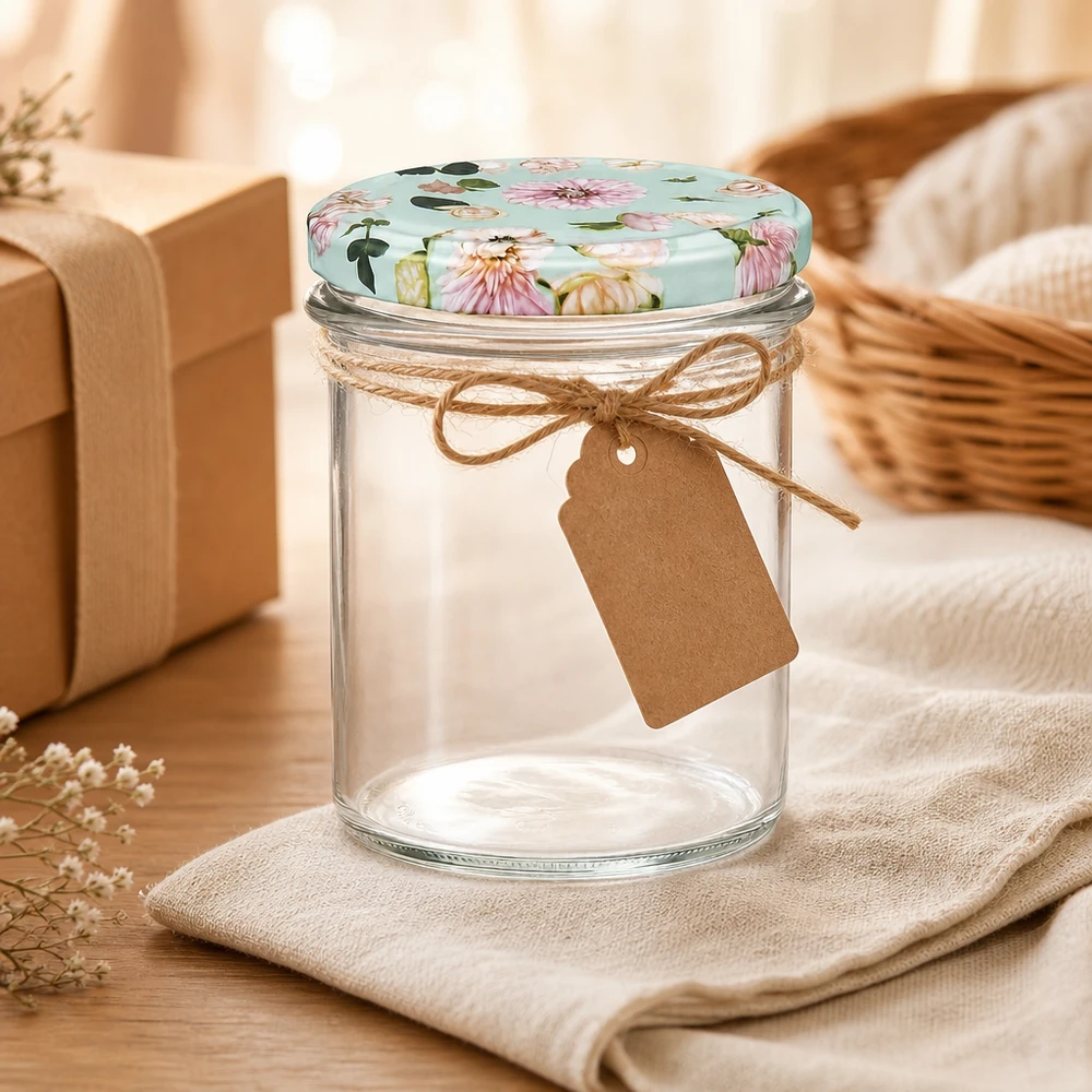 350ml Sturzglas + BasicSeal Deckel Blume mint UNiTWIST Sturzglas 350ml mit BasicSeal Deckel mint Blumenmuster, geschmückt mit Jute-Schleife und Geschenkanhänger
