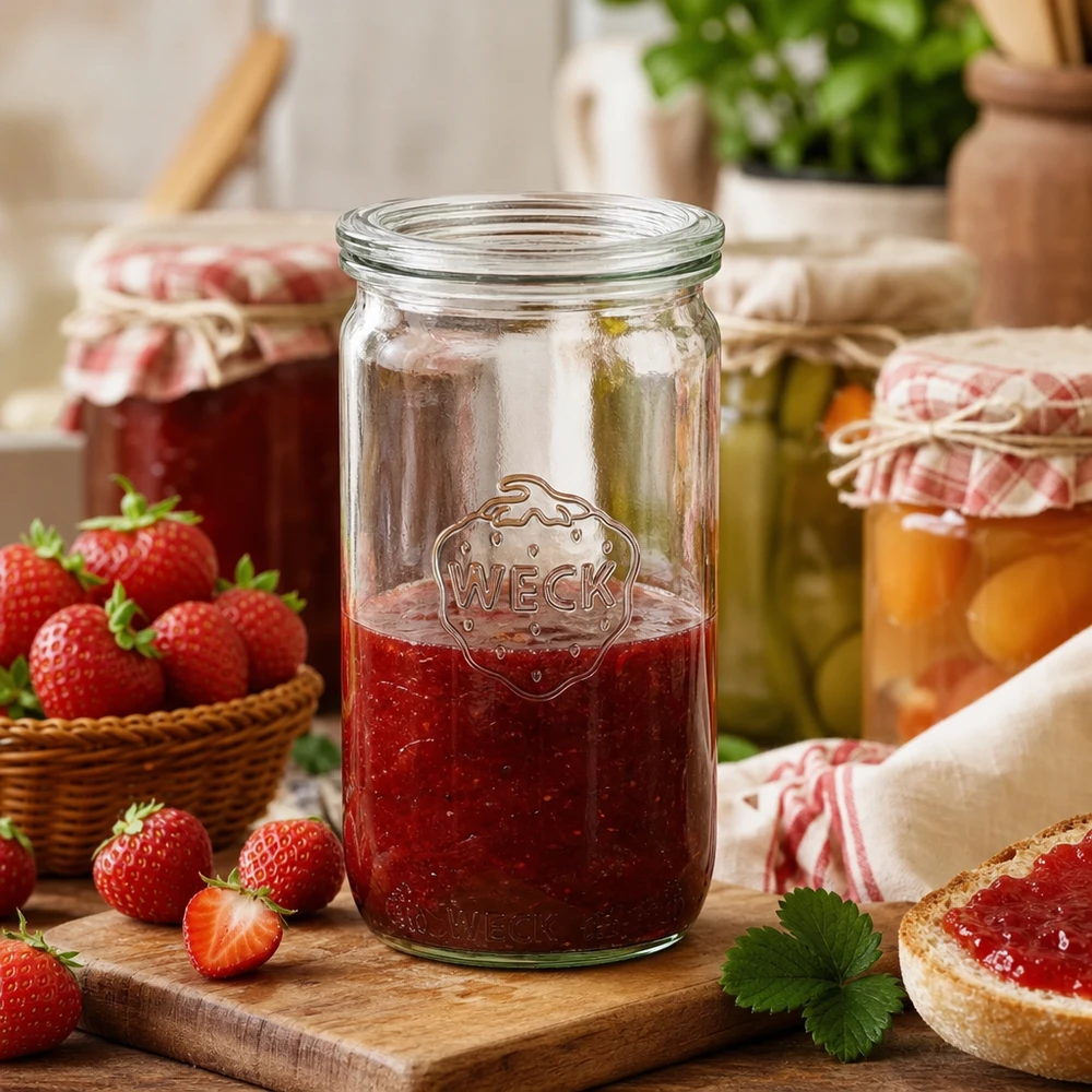 340ml Zylinderglas mit Glasdeckel WECK RR60 WECK 340ml Zylinderglas RR60 mit Erdbeermarmelade befüllt in rustikaler Küche mit frischen Erdbeeren und Brot