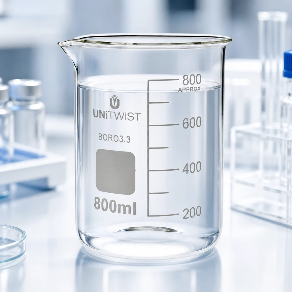 Becherglas 800ml Borosilikat, niedrige Form UNiTWIST Professionelles Laborbecherglas 800ml niedrige Form aus hitzebeständigem Borosilikatglas UNiTWIST