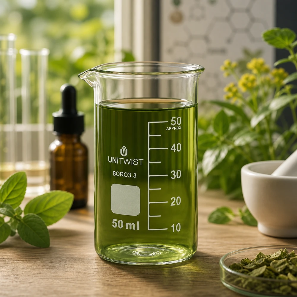 Becherglas 50ml Borosilikat, hohe Form UNiTWIST Graduiertes Becherglas hohe Form 50ml Borosilikat UNITWIST mit pflanzlichem Öl und Kräuterzubehör