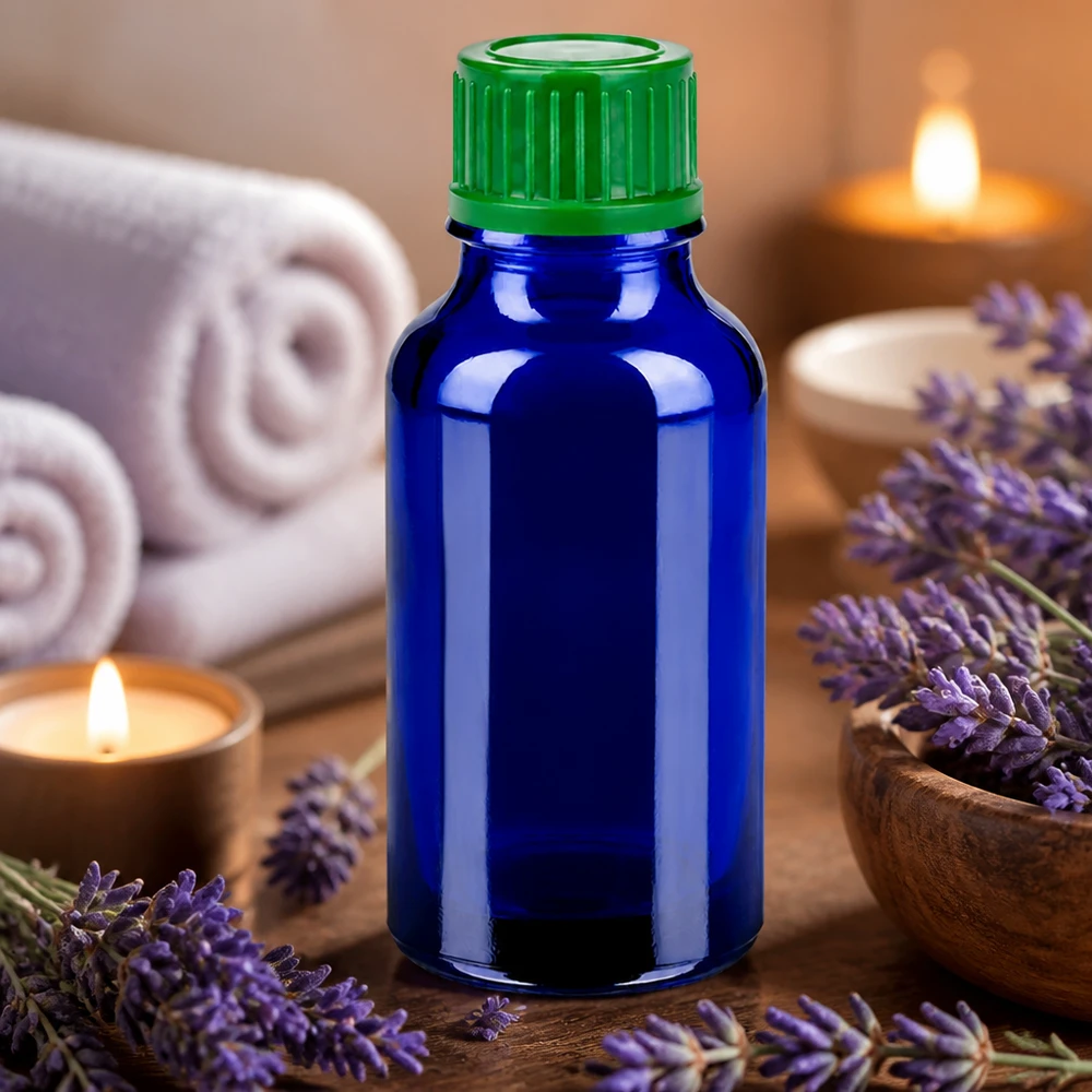 Elegante blaue 20ml Flasche mit ergonomischem grünem Deckel ideal für mobile Anwendungen BlueLine