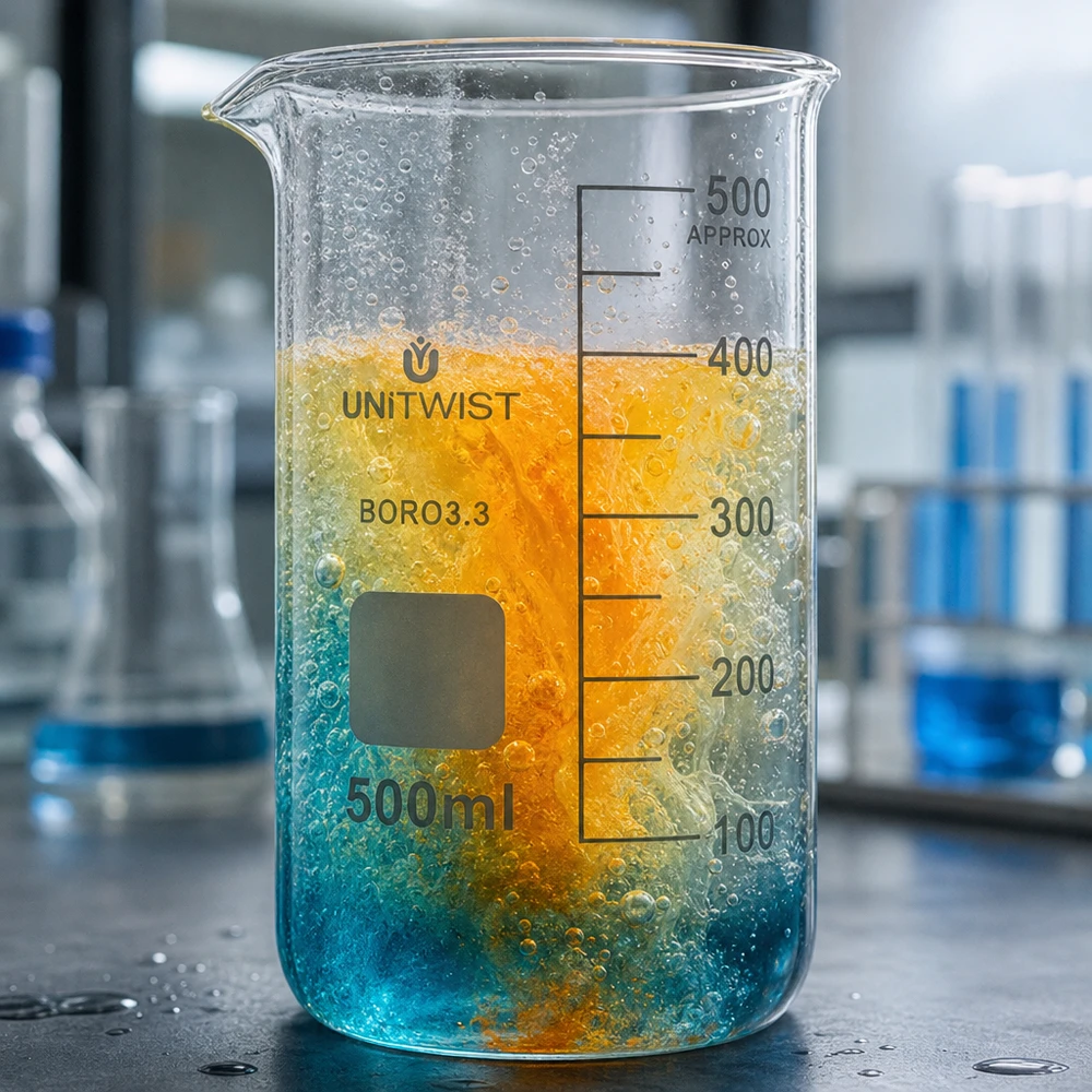Becherglas 500ml Borosilikat, hohe Form UNiTWIST Transparentes Laborglas 500ml hohe Form mit sprudelnder orange-türkiser Flüssigkeit