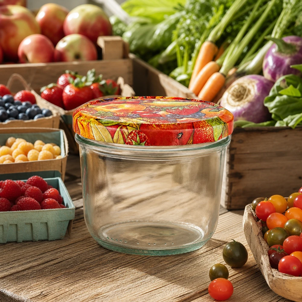 230ml Sturzglas + BasicSeal Deckel Obst-Dekor UNiTWIST 230ml Sturzglas mit BasicSeal Obstdekor-Deckel auf Holztisch umgeben von frischem Gemüse und Beeren aus dem Garten