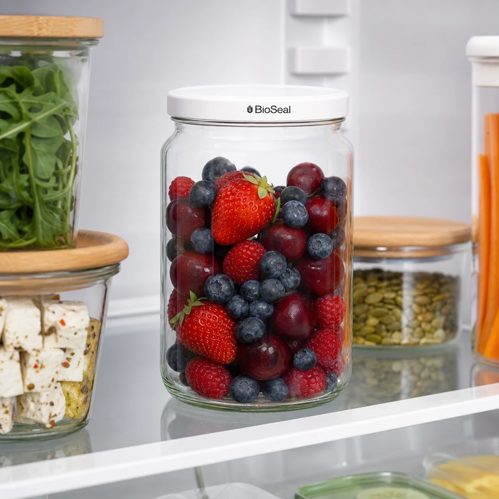 795ml Rundglas mit BioSeal Deckel weiß UNiTWIST UNiTWIST Runda795 im Kühlschrank mit frischen Beeren - optimale Frischhaltung dank weißem TO82 BioSeal Deckel