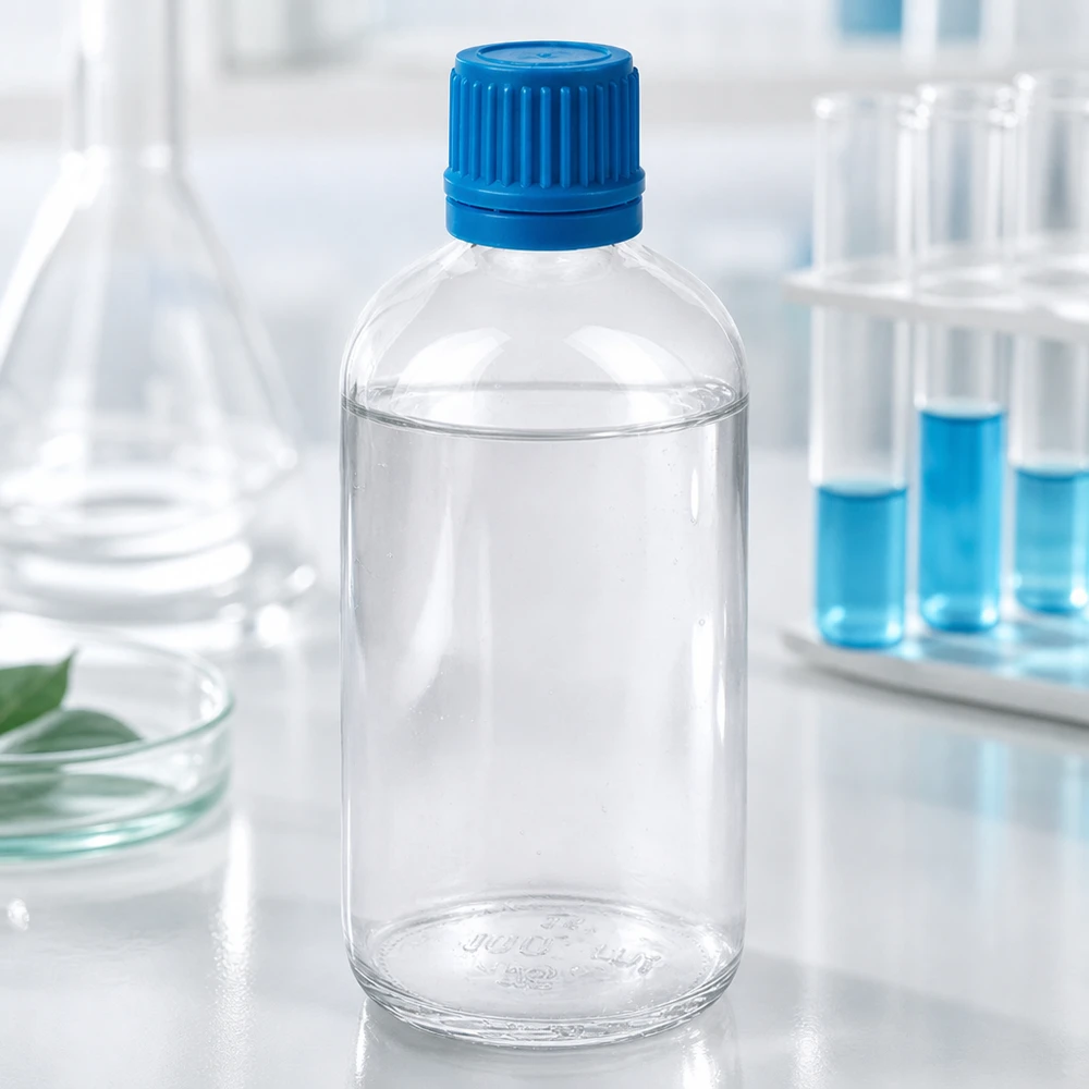 Chemikalienflasche 100ml Klarglas ClearLine blauer OV Verschluss 11mm Gewinde