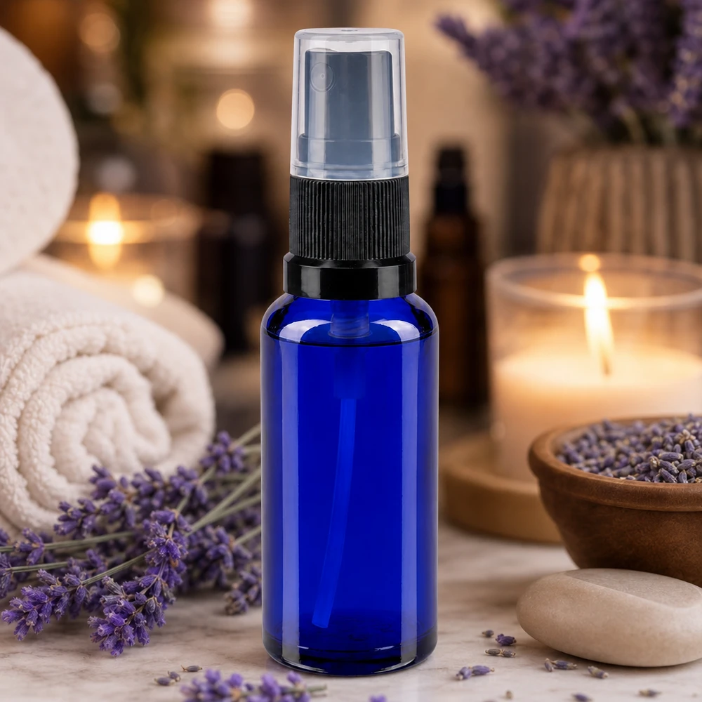 Apothekenflasche blau 30ml Sprayaufsatz schwarz Blauglas Zerstäuberflasche 30ml mit schwarzem Sprühkopf ideal für Raumsprays und Seren