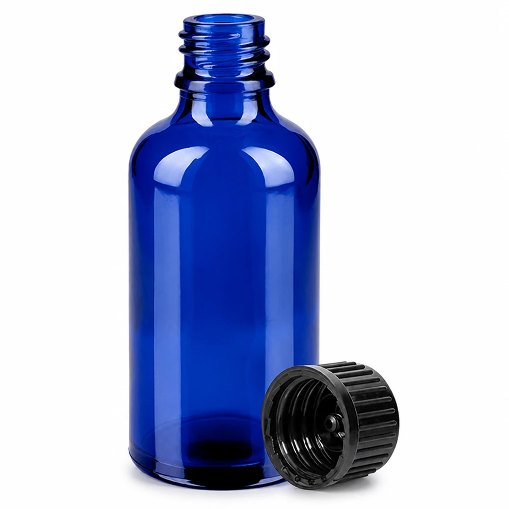 50ml Flasche 11mm Schraubverschluss schwarz Originalitätsverschluss BlueLine UT18/50 UV-schützende blaue 50ml Glasflasche mit schwarzem Sicherheitsverschluss BlueLine Serie