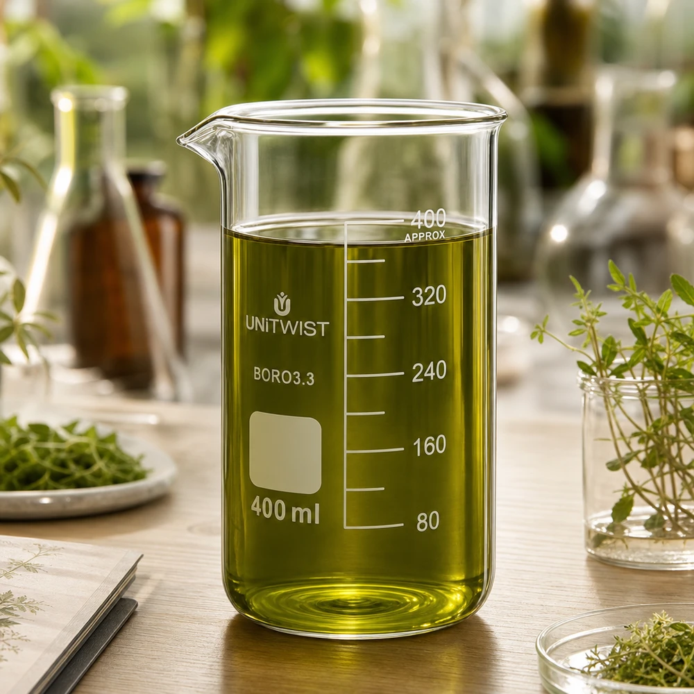 Becherglas 400ml Borosilikat, hohe Form UNiTWIST Transparentes Laborglas 400ml hohe Form mit grünem Extrakt neben frischen Heilkräutern und Notebook