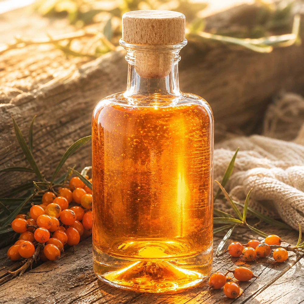100ml Glasflasche Sofia mit Holzkorken gefüllt mit Sanddornöl neben orangenen Sanddornbeeren natürliche Dekoration